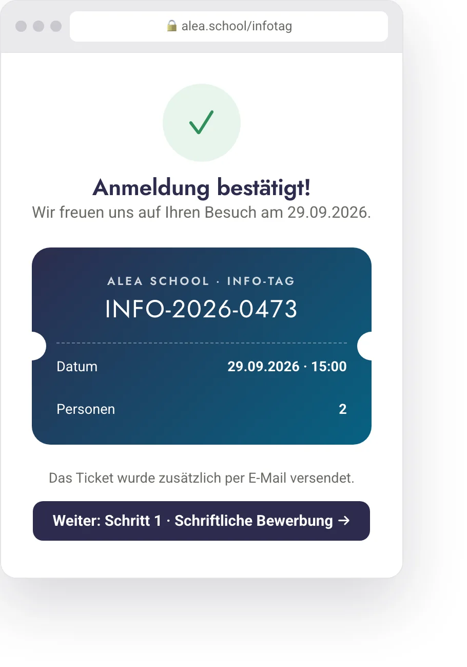 Bestätigungsseite mit Ticket für den Info-Tag